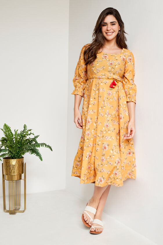 Mustard Floral Flared Dress, Mustard, image 1